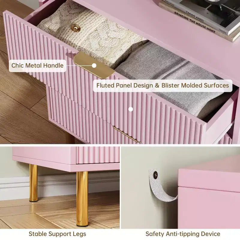 Comò a 3 cassetti – Verde / Naturale / Rosa / Bianco, Legno Moderno, Singolo