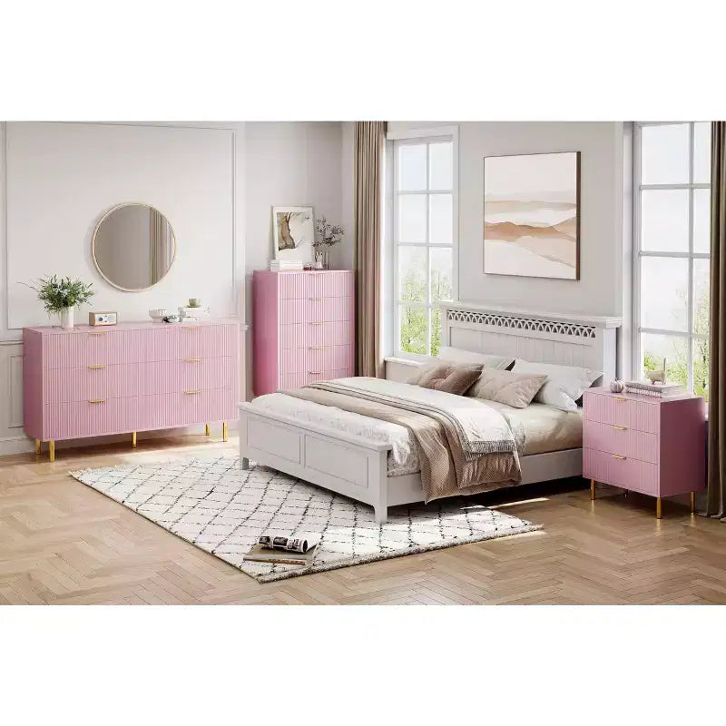 Comò a 3 cassetti – Verde / Naturale / Rosa / Bianco, Legno Moderno, Singolo