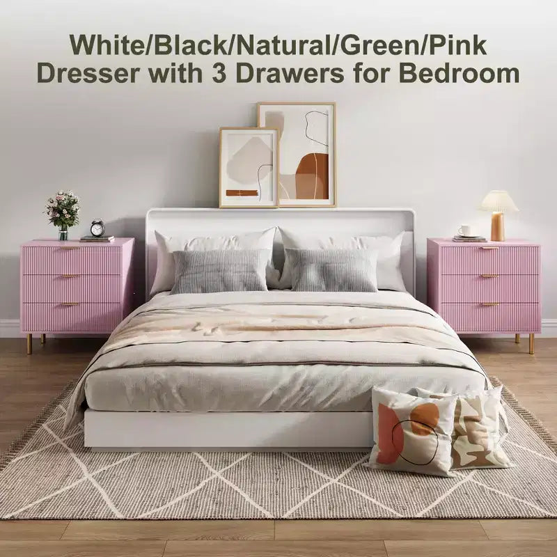 Comò a 3 cassetti – Verde / Naturale / Rosa / Bianco, Legno Moderno, Singolo