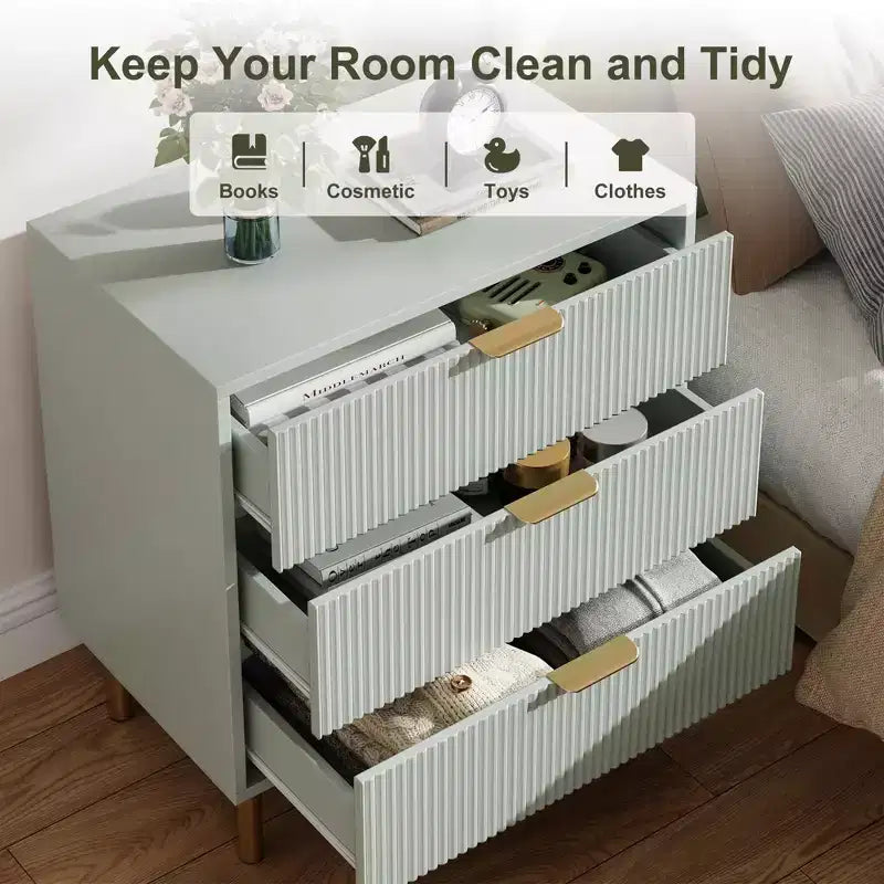 Comò a 3 cassetti – Verde / Naturale / Rosa / Bianco, Legno Moderno, Singolo