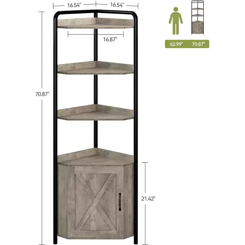 Scaffale angolare in metallo nero, libreria triangolare a 4 livelli con armadietto, altezza 180 cm