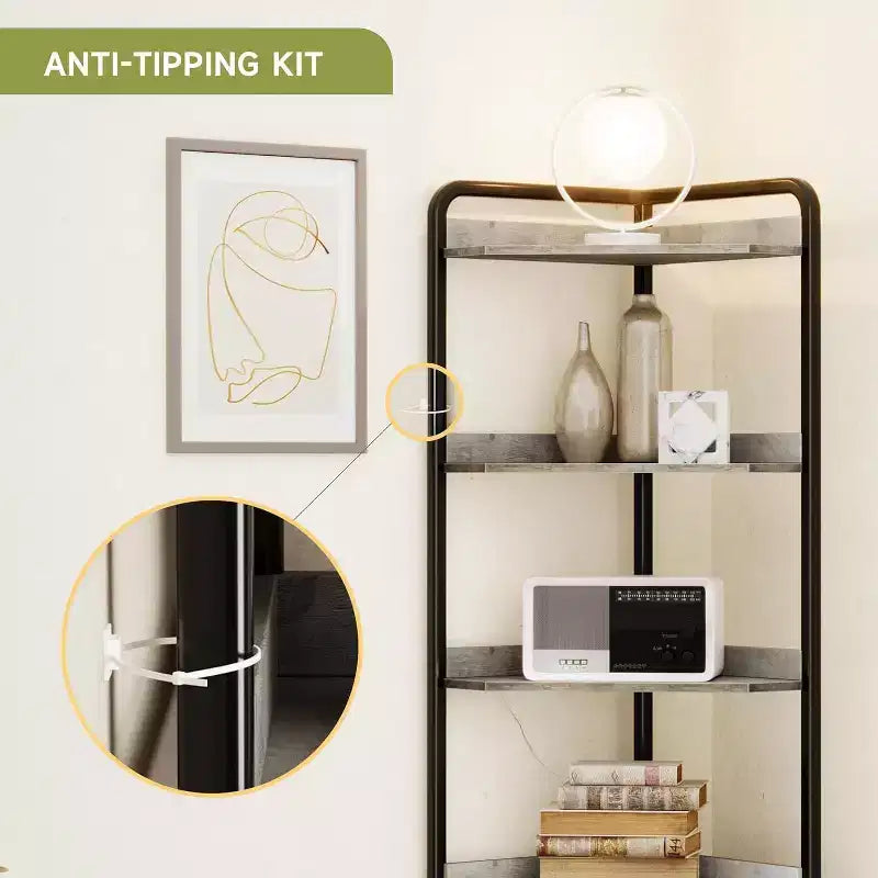 Scaffale angolare in metallo nero, libreria triangolare a 4 livelli con armadietto, altezza 180 cm
