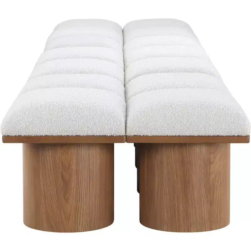 Panca in tessuto bouclé color crema, finitura noce, 4 posti a sedere