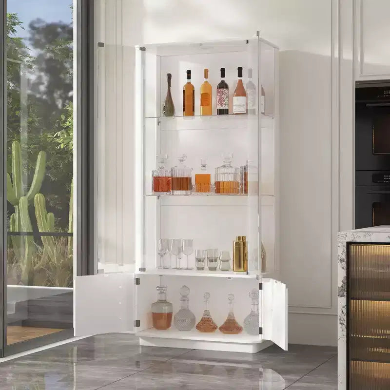 Vetrinetta Espositiva per Liquori a Terra Bianca con Illuminazione a LED – 5 Ripiani, 1 Persona