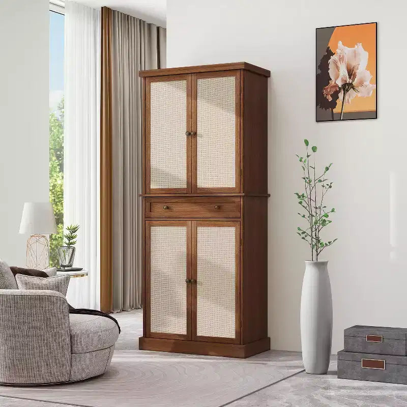 Mobile Contenitore Alto | Marrone / Naturale / Noce | 4 Ante 4 Ripiani | Montaggio per Una Persona