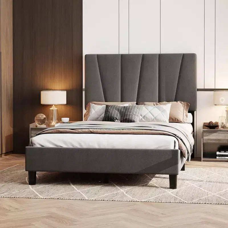 Struttura letto imbottita in lino grigio scuro/bianco sporco – Testiera regolabile, per una piazza/una piazza e mezza, 1 persona