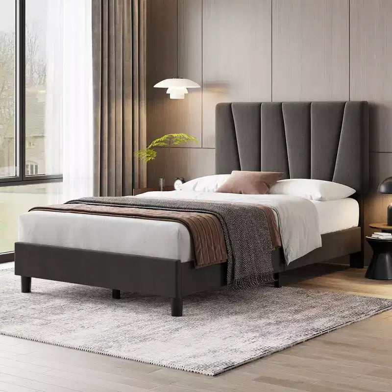 Struttura letto imbottita in lino grigio scuro/bianco sporco – Testiera regolabile, per una piazza/una piazza e mezza, 1 persona