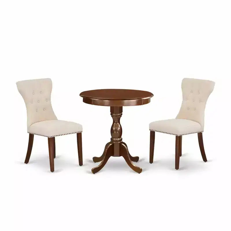 Set da pranzo rotondo in 3 pezzi, finitura mogano, 2 posti a sedere