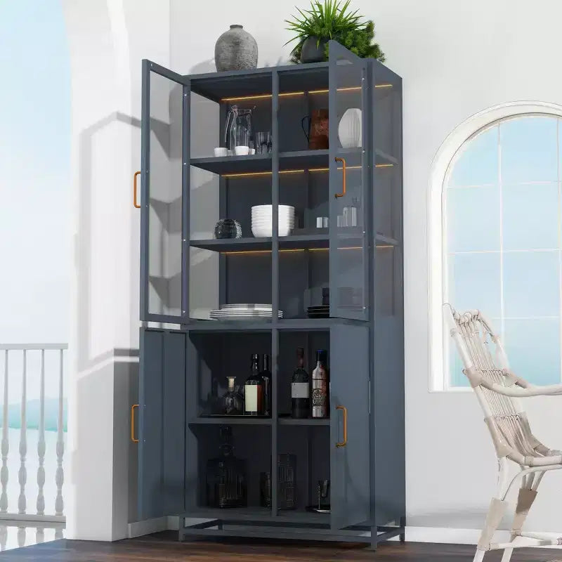 Vetrinetta alta in acciaio nera/blu scuro con ante in vetro e LED | 4 ante | Montaggio per 1 persona