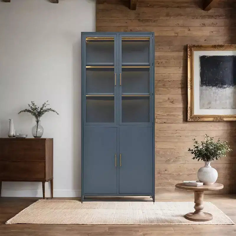 Vetrinetta alta in acciaio nera/blu scuro con ante in vetro e LED | 4 ante | Montaggio per 1 persona
