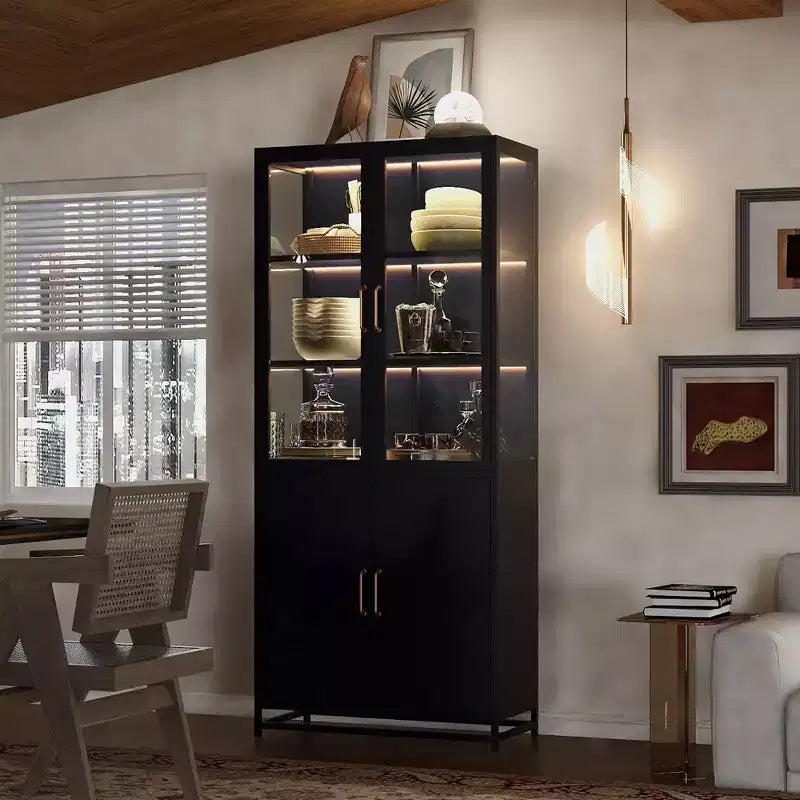 Vetrinetta alta in acciaio nera/blu scuro con ante in vetro e LED | 4 ante | Montaggio per 1 persona