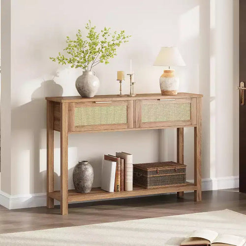 Rattan Entryway Table with Drawers, Boho Console Table for Entryway, Wooden Sofa Table with Storage, 2 Tier Console Table for Living Rooms, Hallway