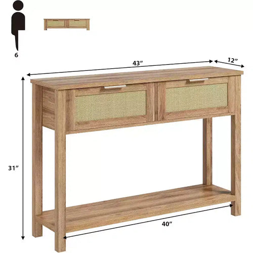 Consolle in Rattan Beige con 2 Cassetti, Stile Boho, a 2 Ripiani, per 1