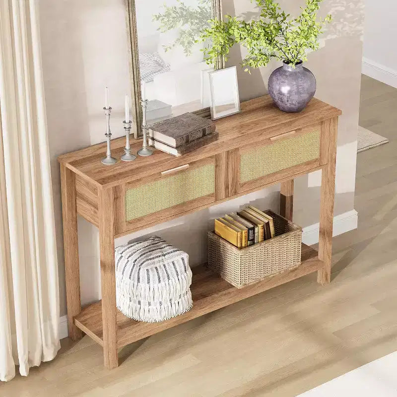 Consolle in Rattan Beige con 2 Cassetti, Stile Boho, a 2 Ripiani, per 1