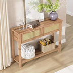Consolle in Rattan Beige con 2 Cassetti, Stile Boho, a 2 Ripiani, per 1