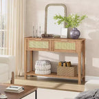 Consolle in Rattan Beige con 2 Cassetti, Stile Boho, a 2 Ripiani, per 1
