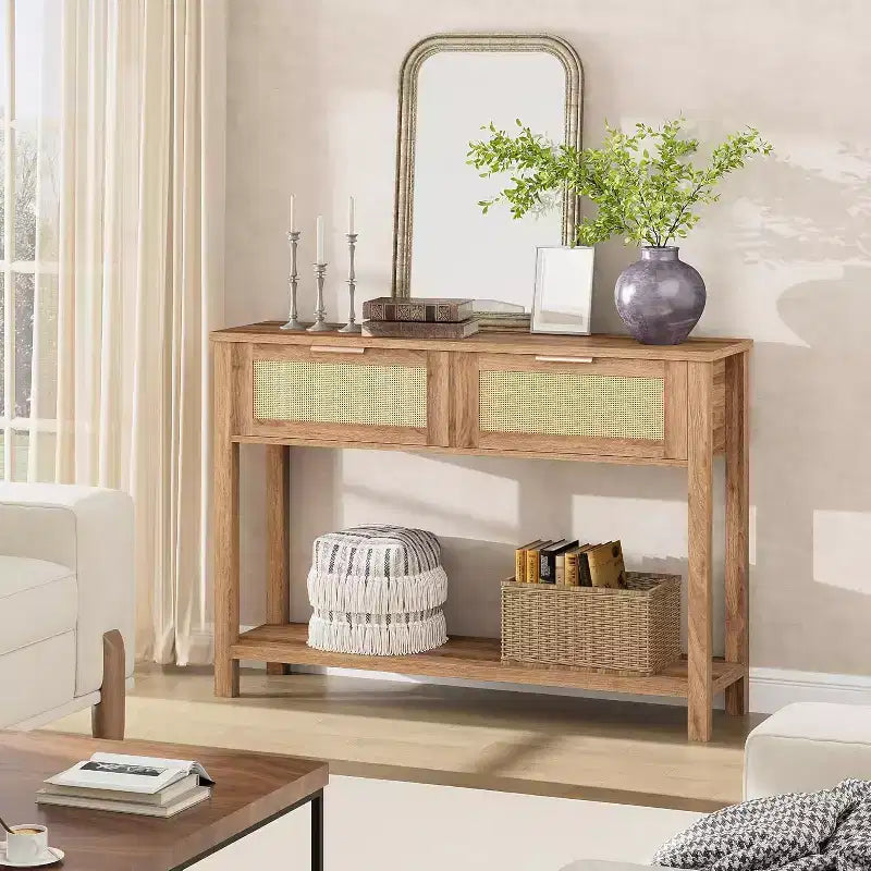 Consolle in Rattan Beige con 2 Cassetti, Stile Boho, a 2 Ripiani, per 1