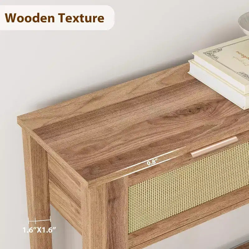Consolle in Rattan Beige con 2 Cassetti, Stile Boho, a 2 Ripiani, per 1