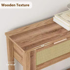 Consolle in Rattan Beige con 2 Cassetti, Stile Boho, a 2 Ripiani, per 1