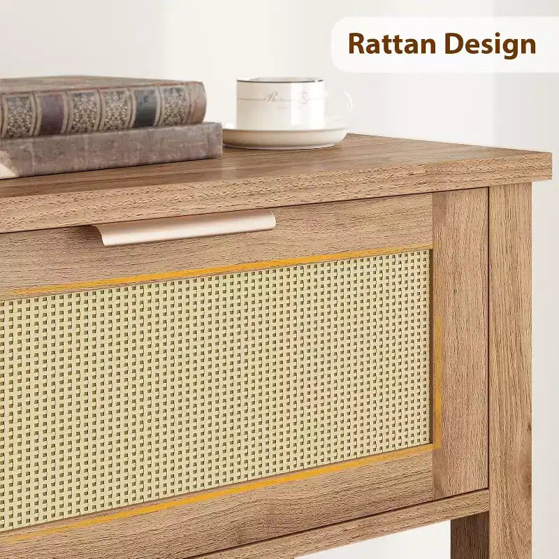 Consolle in Rattan Beige con 2 Cassetti, Stile Boho, a 2 Ripiani, per 1