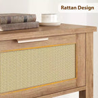 Consolle in Rattan Beige con 2 Cassetti, Stile Boho, a 2 Ripiani, per 1