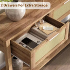 Consolle in Rattan Beige con 2 Cassetti, Stile Boho, a 2 Ripiani, per 1