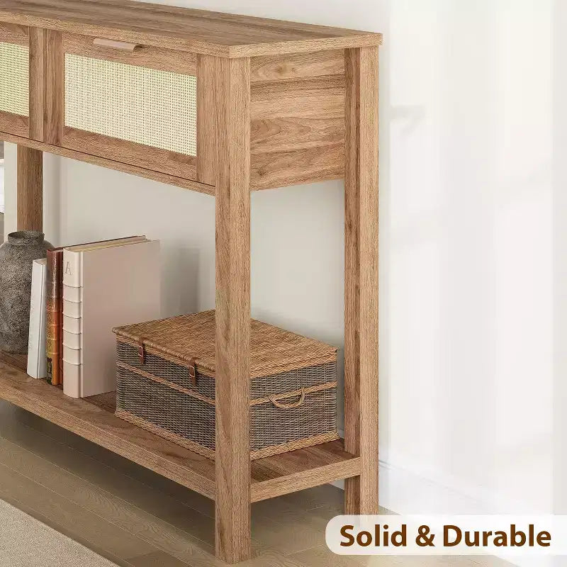 Consolle in Rattan Beige con 2 Cassetti, Stile Boho, a 2 Ripiani, per 1