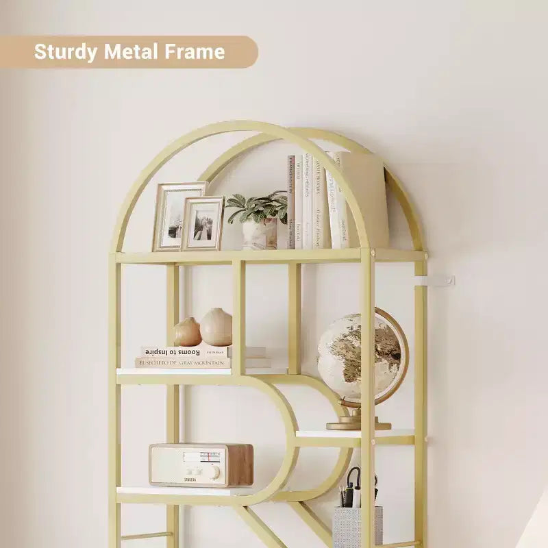 Libreria geometrica ad arco a 6 ripiani marrone/oro+bianco, legno e metallo, 15,8 kg/ripiano