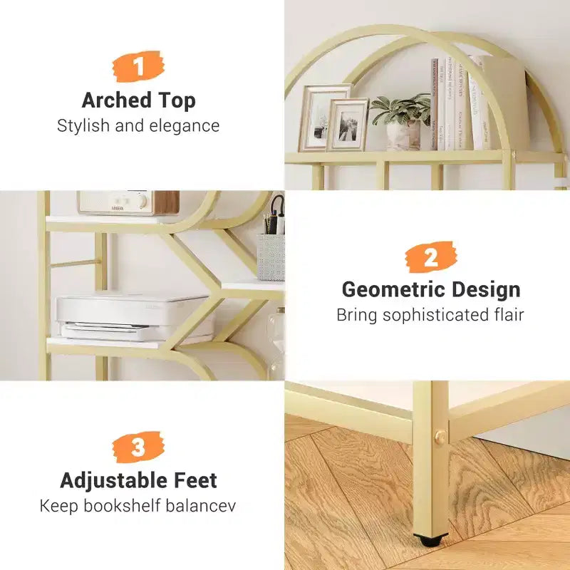 Libreria geometrica ad arco a 6 ripiani marrone/oro+bianco, legno e metallo, 15,8 kg/ripiano