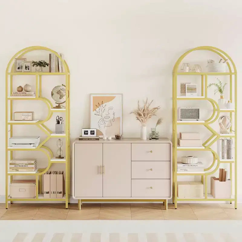 Libreria geometrica ad arco a 6 ripiani marrone/oro+bianco, legno e metallo, 15,8 kg/ripiano