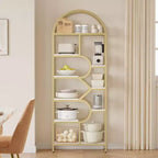 Libreria geometrica ad arco a 6 ripiani marrone/oro+bianco, legno e metallo, 15,8 kg/ripiano