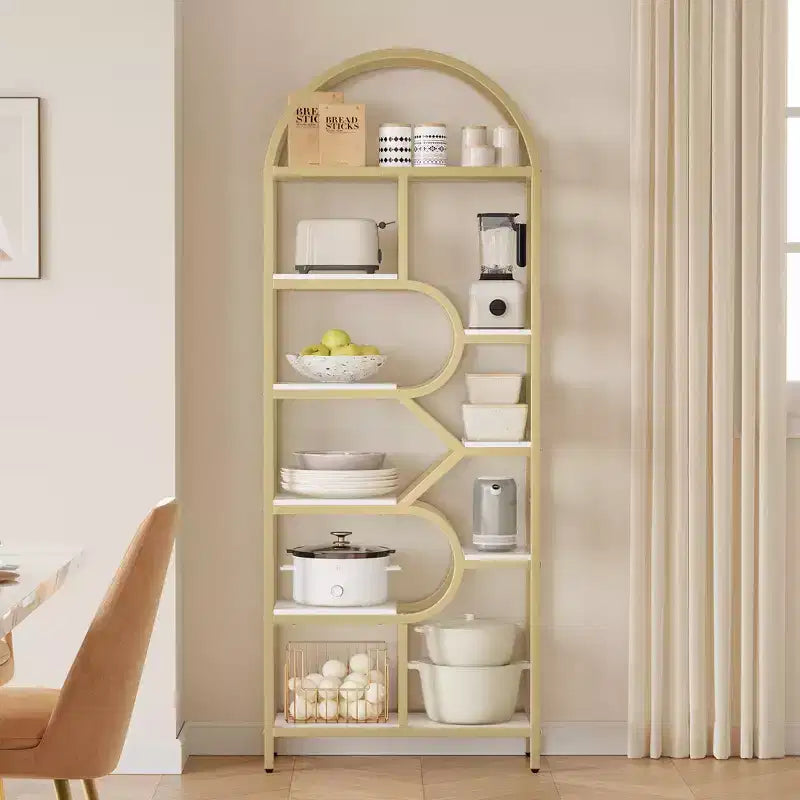 Libreria geometrica ad arco a 6 ripiani marrone/oro+bianco, legno e metallo, 15,8 kg/ripiano