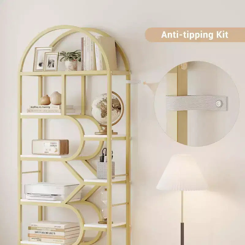 Libreria geometrica ad arco a 6 ripiani marrone/oro+bianco, legno e metallo, 15,8 kg/ripiano