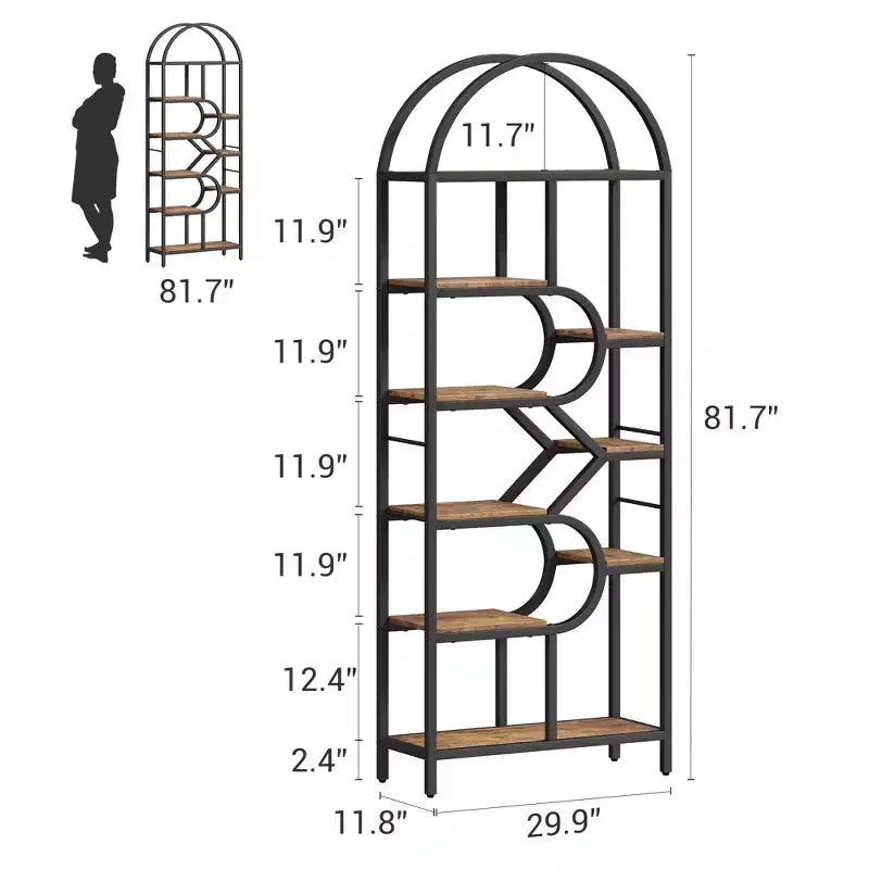 Libreria geometrica ad arco a 6 ripiani marrone/oro+bianco, legno e metallo, 15,8 kg/ripiano