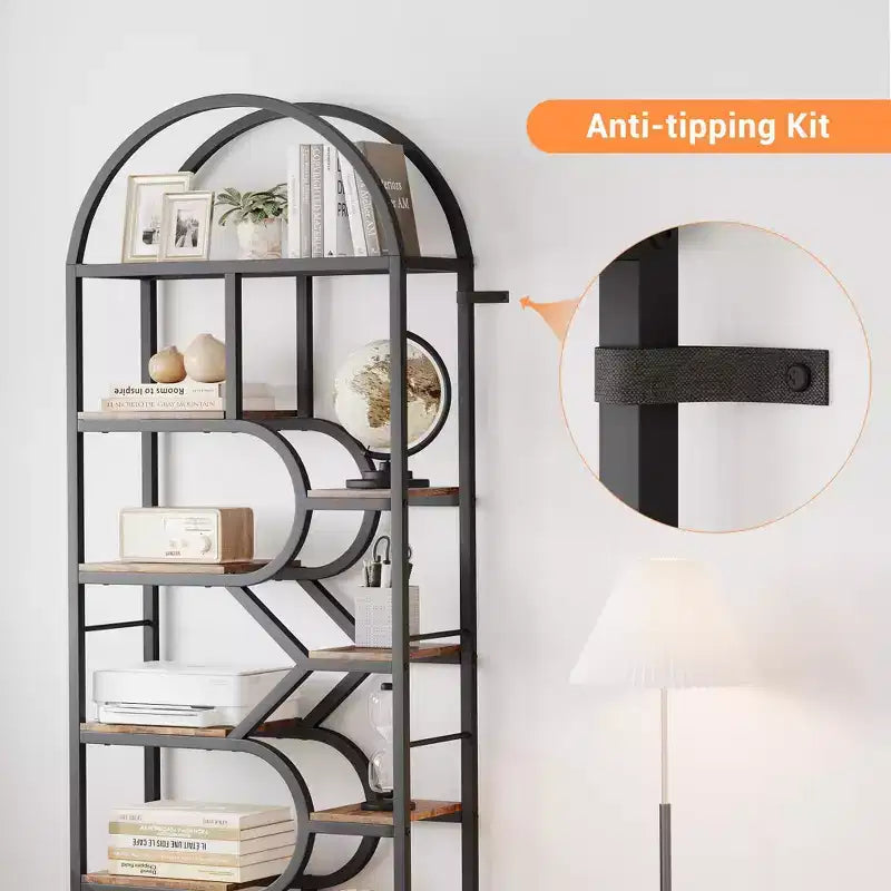 Libreria geometrica ad arco a 6 ripiani marrone/oro+bianco, legno e metallo, 15,8 kg/ripiano