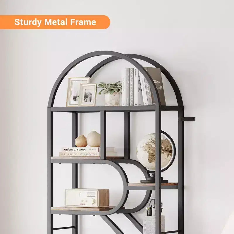 Libreria geometrica ad arco a 6 ripiani marrone/oro+bianco, legno e metallo, 15,8 kg/ripiano