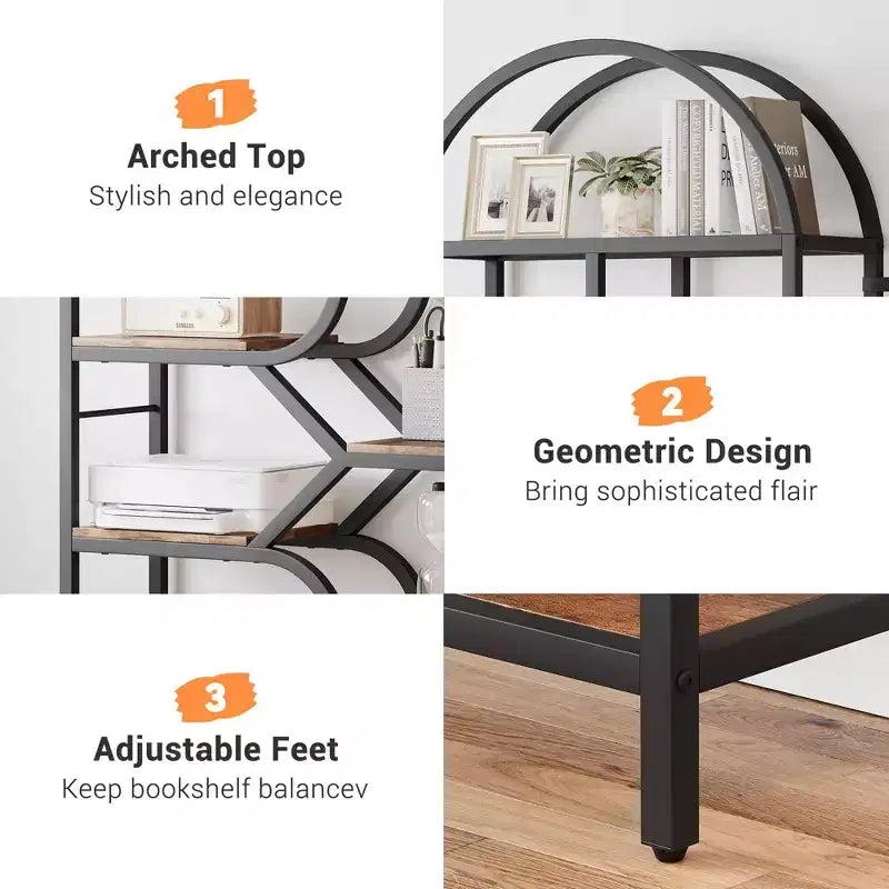 Libreria geometrica ad arco a 6 ripiani marrone/oro+bianco, legno e metallo, 15,8 kg/ripiano