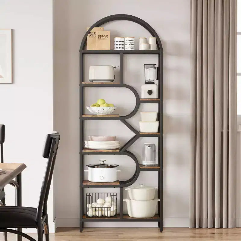 Libreria geometrica ad arco a 6 ripiani marrone/oro+bianco, legno e metallo, 15,8 kg/ripiano