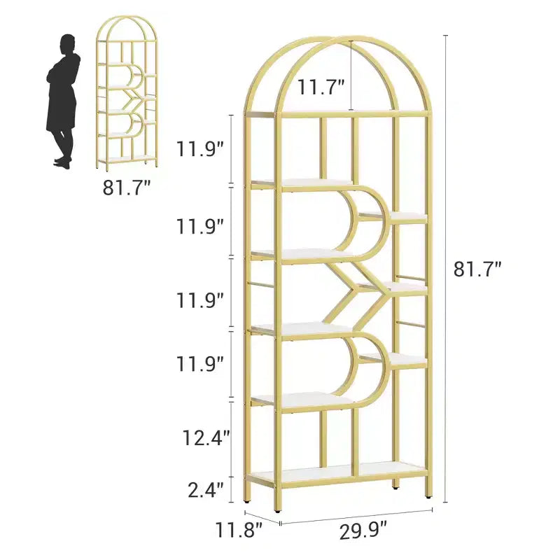 Libreria geometrica ad arco a 6 ripiani marrone/oro+bianco, legno e metallo, 15,8 kg/ripiano