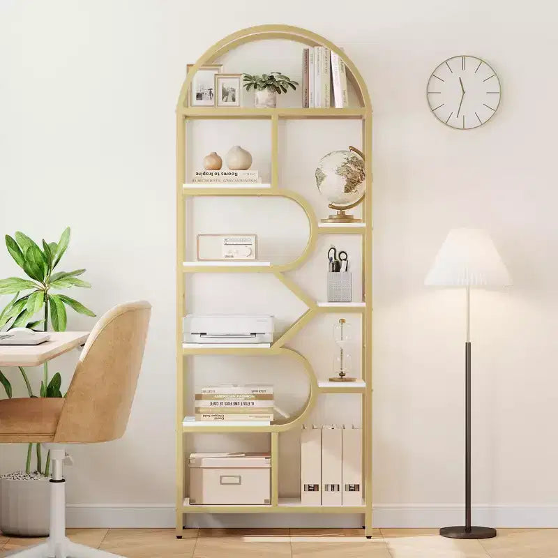 Libreria geometrica ad arco a 6 ripiani marrone/oro+bianco, legno e metallo, 15,8 kg/ripiano