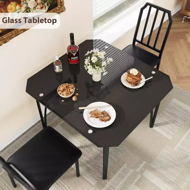 Set da tavolo da pranzo per 2, in vetro nero quadrato, con struttura in metallo e sedie con cuscino in PU