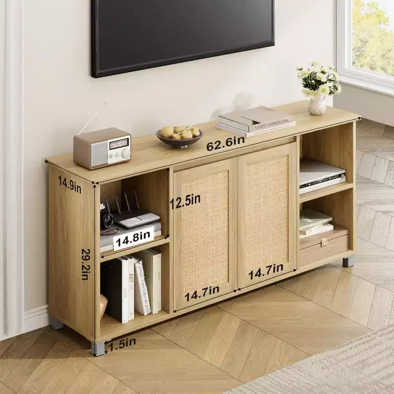 Mobile TV in Rattan Color Legno, Stile Mid-Century, Adatto per TV da 60-70", 1 Unità