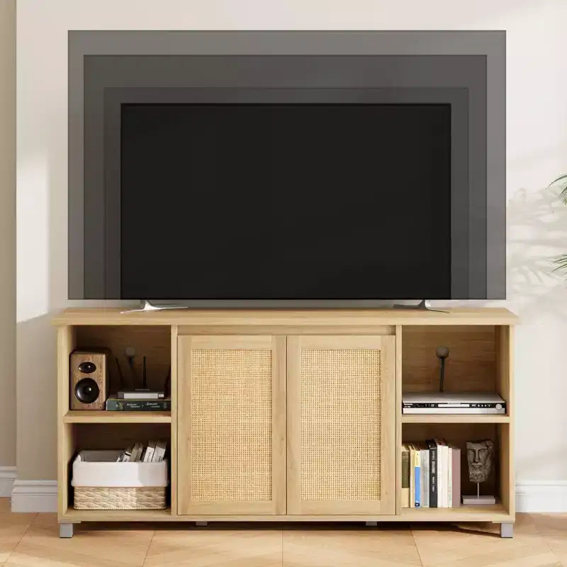 Mobile TV in Rattan Color Legno, Stile Mid-Century, Adatto per TV da 60-70", 1 Unità