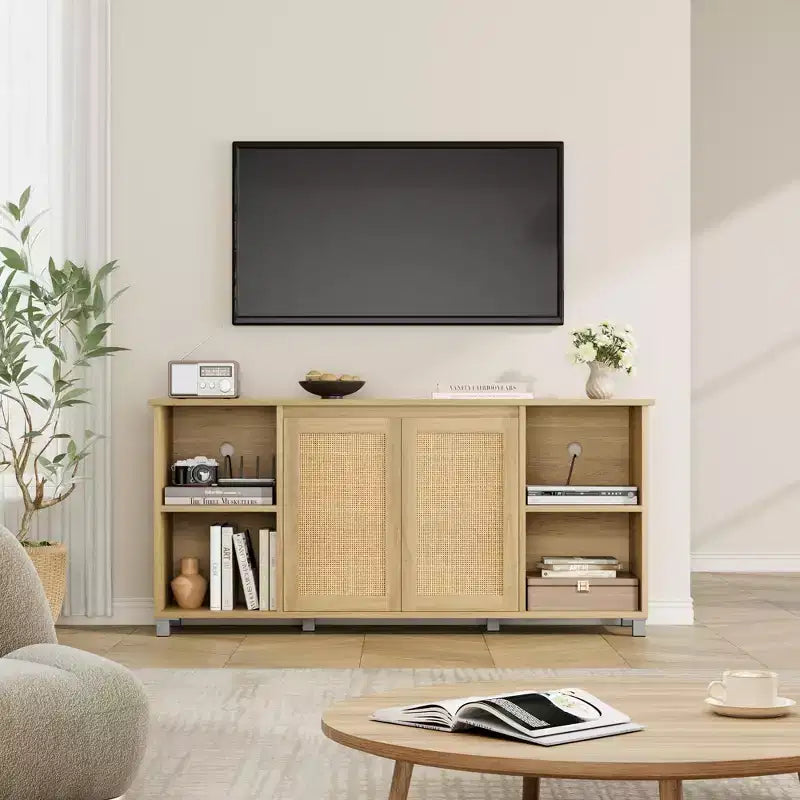Mobile TV in Rattan Color Legno, Stile Mid-Century, Adatto per TV da 60-70", 1 Unità