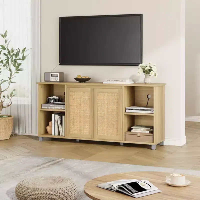 Mobile TV in Rattan Color Legno, Stile Mid-Century, Adatto per TV da 60-70", 1 Unità