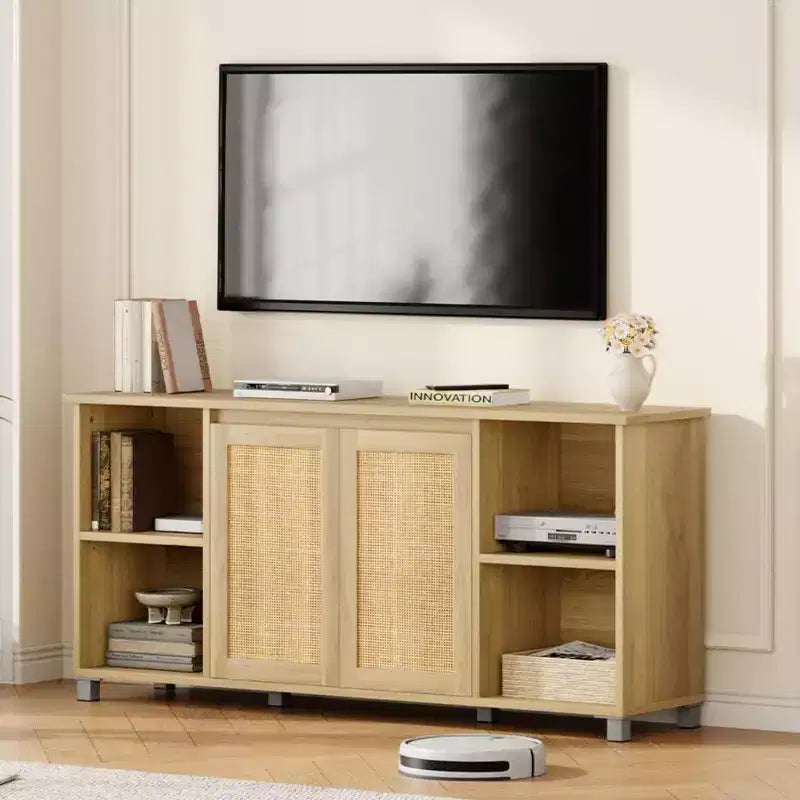 Mobile TV in Rattan Color Legno, Stile Mid-Century, Adatto per TV da 60-70", 1 Unità