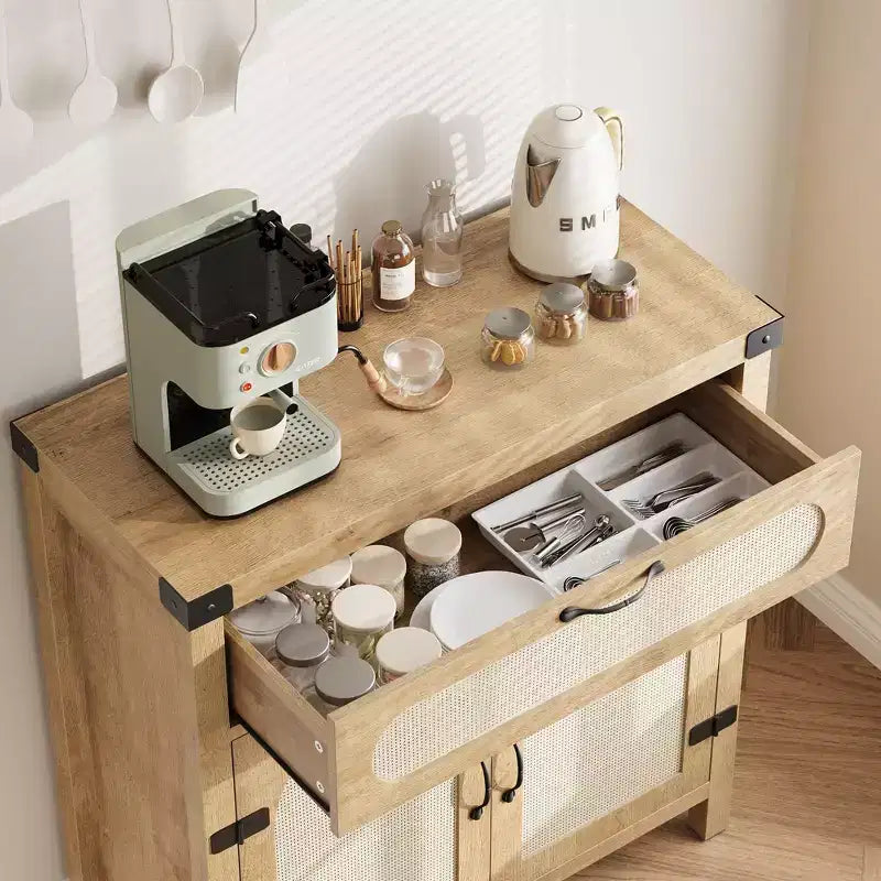 Madia a Buffet Nera/Color Legno con Cassetto e 2 Ante in Rattan – 1 Pezzo
