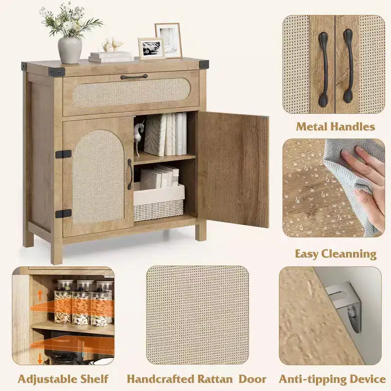 Madia a Buffet Nera/Color Legno con Cassetto e 2 Ante in Rattan – 1 Pezzo
