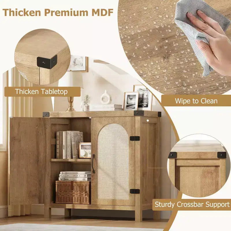 Madia a Buffet Nera/Color Legno con Cassetto e 2 Ante in Rattan – 1 Pezzo