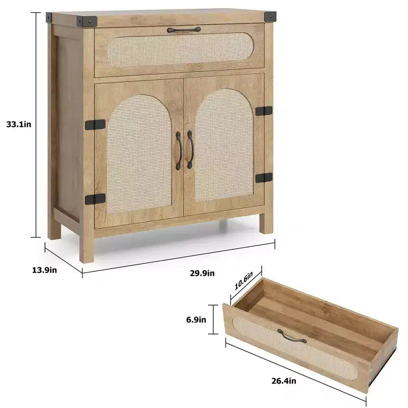 Madia a Buffet Nera/Color Legno con Cassetto e 2 Ante in Rattan – 1 Pezzo